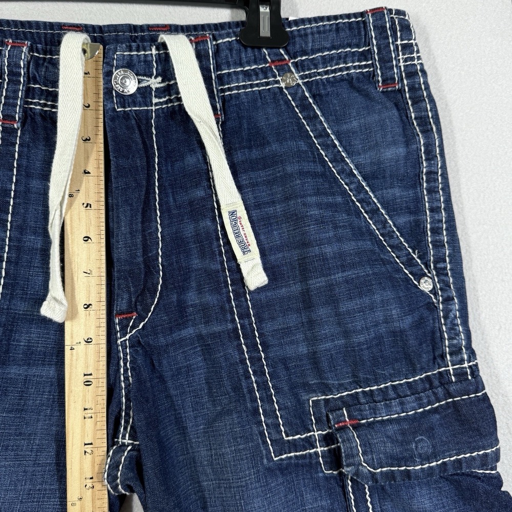 True Religion Cargo Shorts Men 36 Big T Red Stitch Denim Cut Off Drawstring Jean - Picture 11 of 15